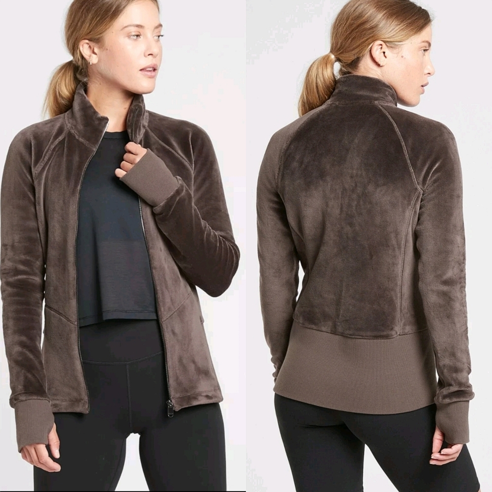 Athleta Cloud Fleece Velour Jacket in Shale Chocolate Brown - Picture 2 of 13